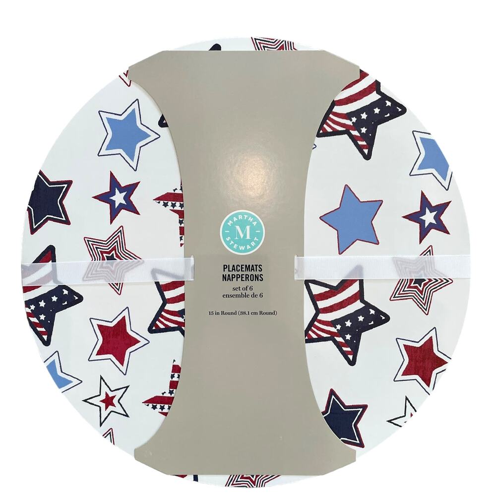 6pc Martha Stewart Patriotic Stars Round Placemats 15in Red White Blue USA NEW